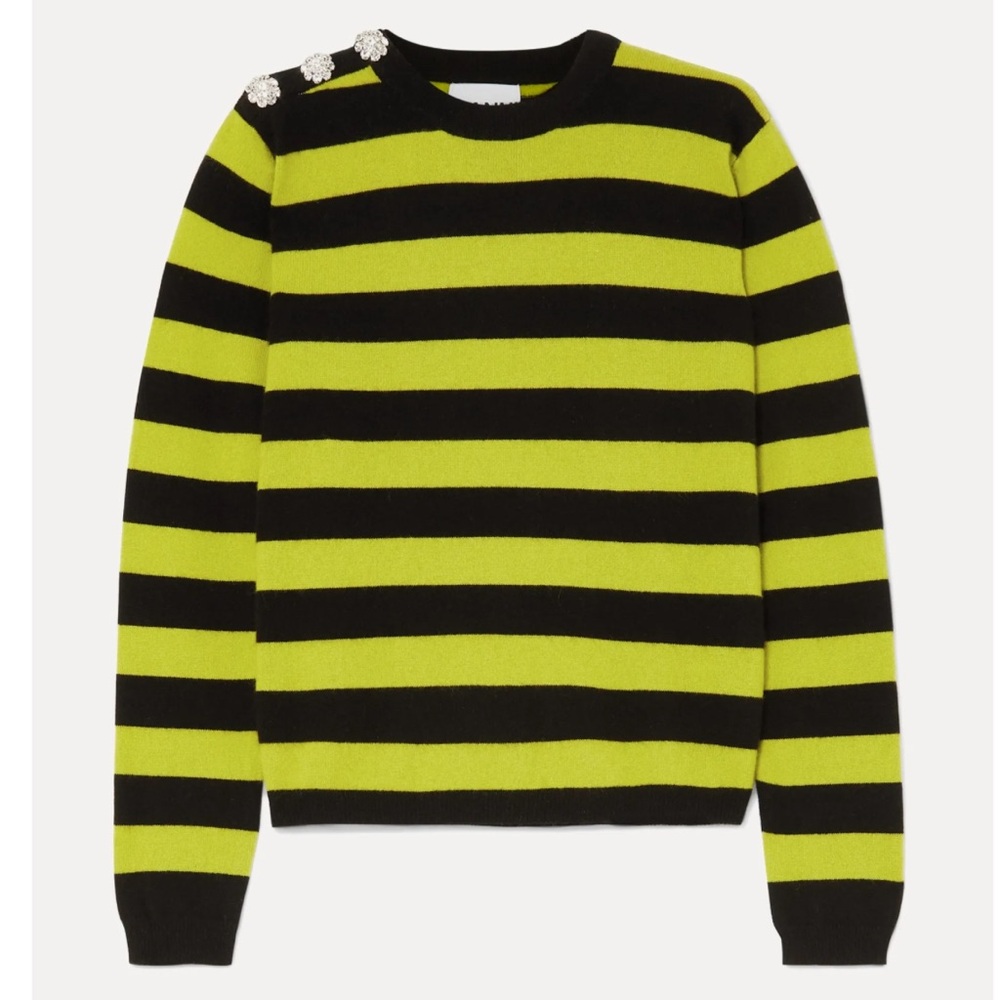 GANNI Striped Long-sleeve Cashmere Sweater W/ Bejeweled Shoulder In Neon Maize